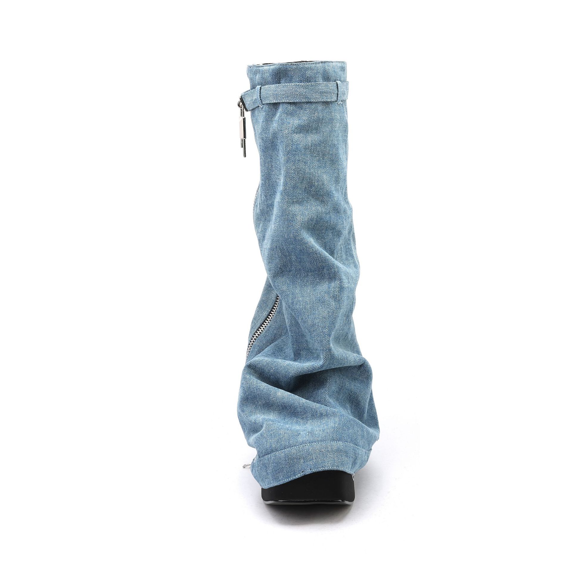 Verrouillage talon compensé plate-forme Cowboy Botas cuisse longue Denim grosse mode bottes de mollet larges pour les femmes