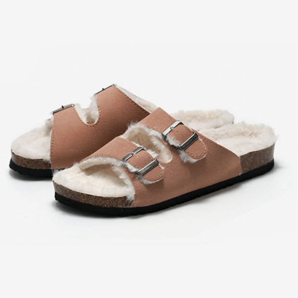 Pantoufles polaires en liège pour femmes et hommes, sandales chaudes d'extérieur en cuir suédé, à Double boucle, à bout ouvert, nouvelle collection automne hiver
