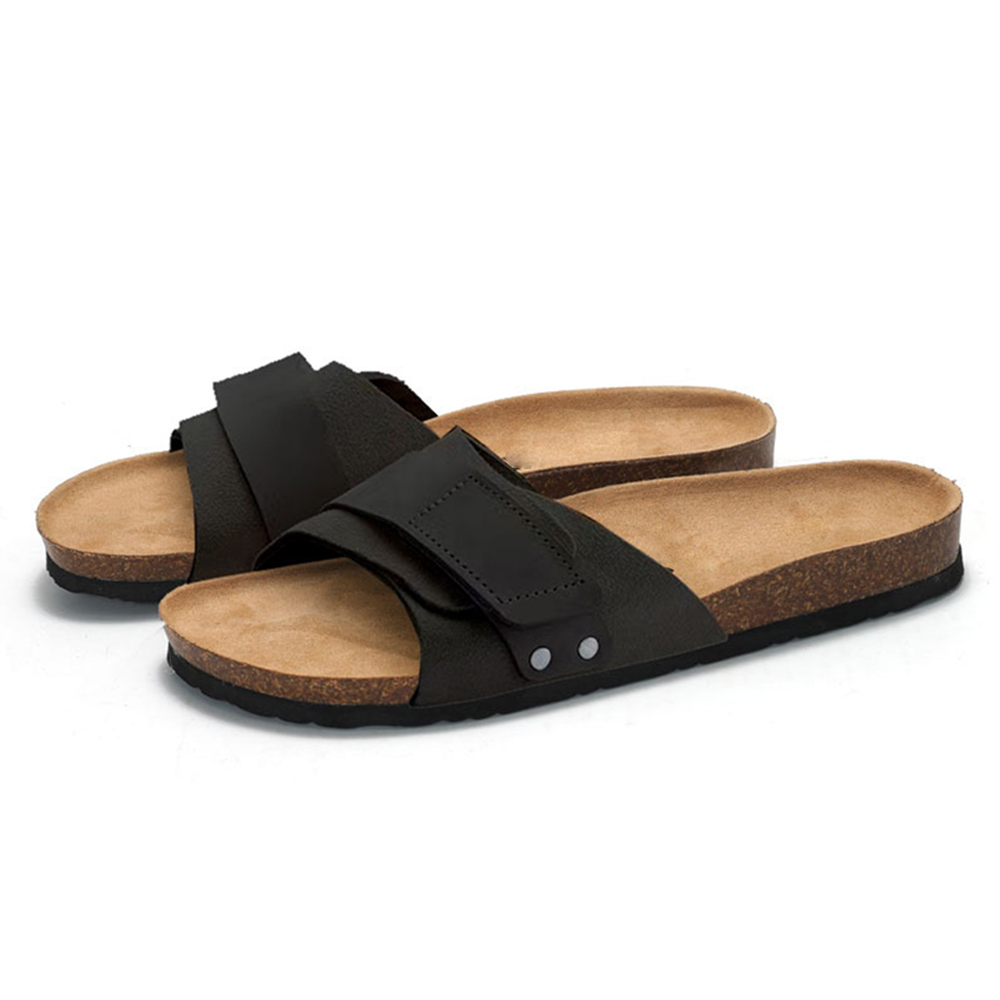 Mode couleur unie liège bas plage bout ouvert sangle hommes été liège cuir semelle pantoufles semelle plate sandales
