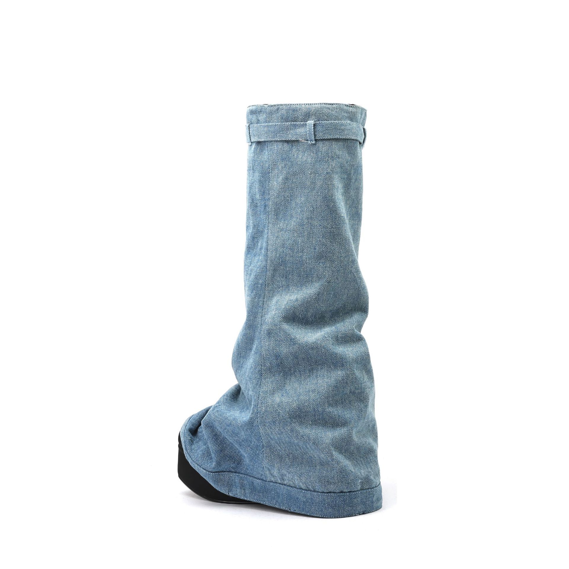 Verrouillage talon compensé plate-forme Cowboy Botas cuisse longue Denim grosse mode bottes de mollet larges pour les femmes
