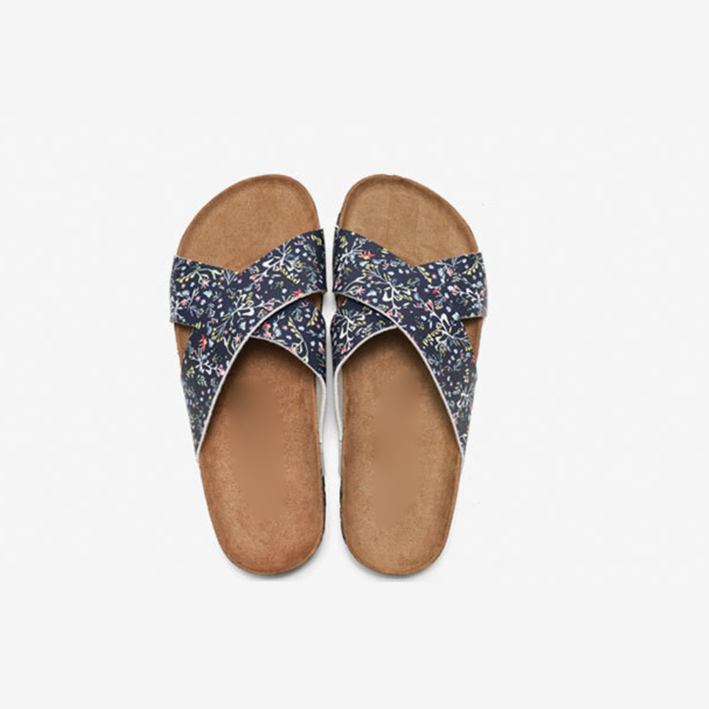 Pantoufles en liège pour femmes, sandales plates légères et respirantes à bretelles croisées, pantoufles chinoises à motif Floral