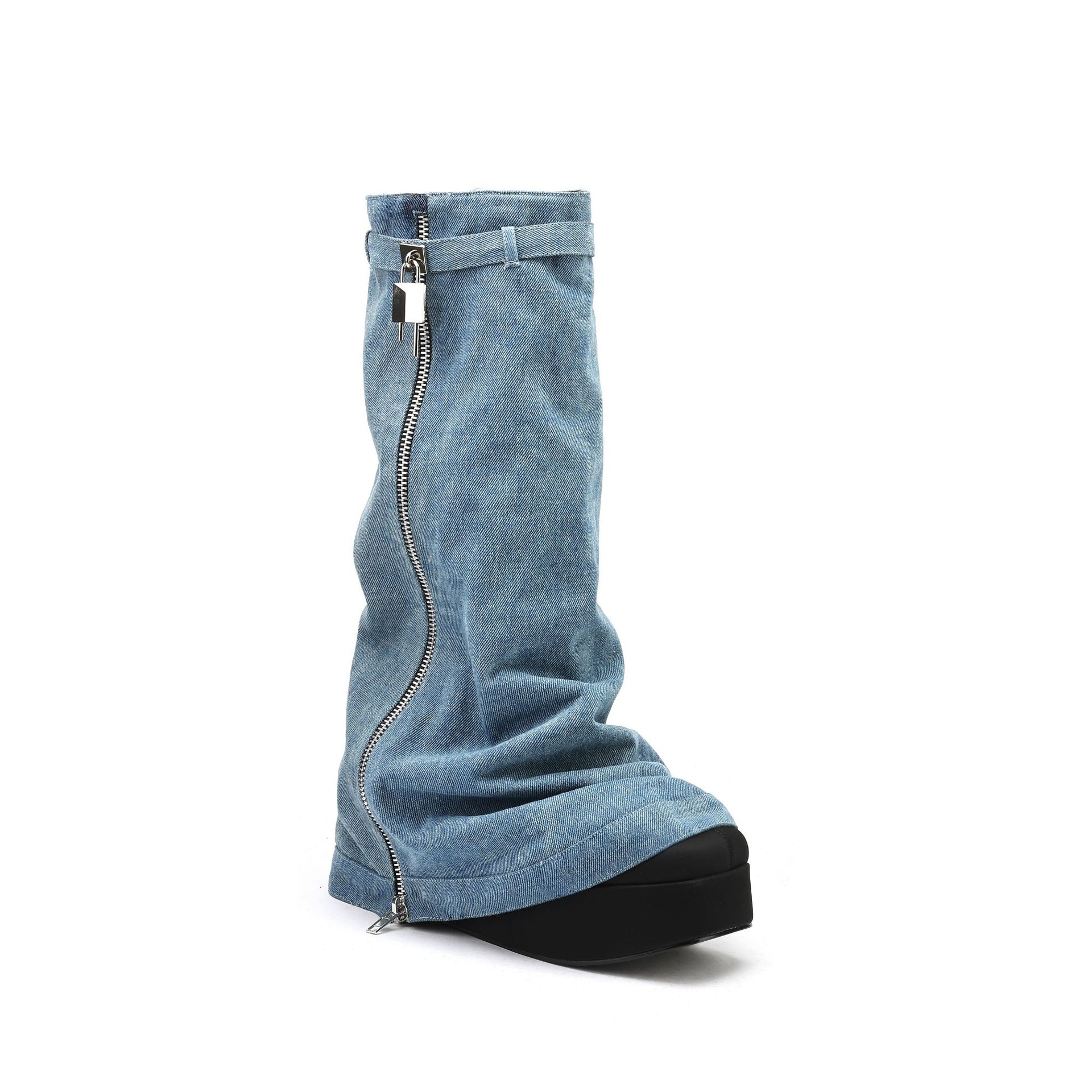 Verrouillage talon compensé plate-forme Cowboy Botas cuisse longue Denim grosse mode bottes de mollet larges pour les femmes
