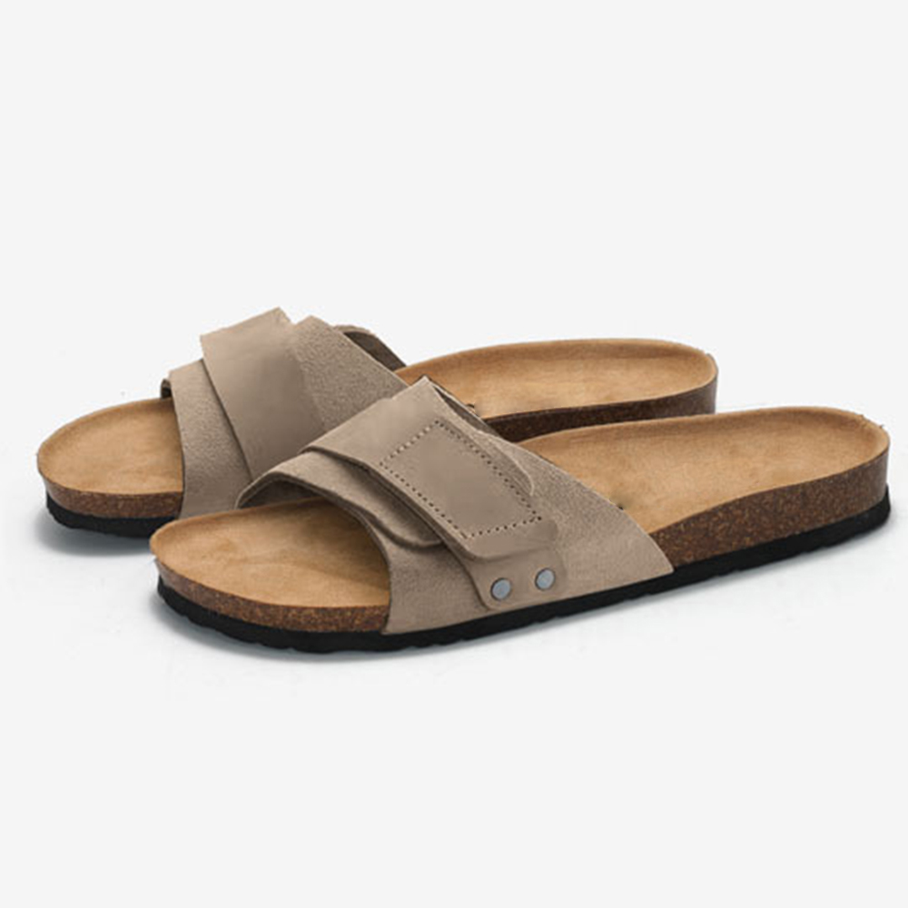 Mode couleur unie liège bas plage bout ouvert sangle hommes été liège cuir semelle pantoufles semelle plate sandales