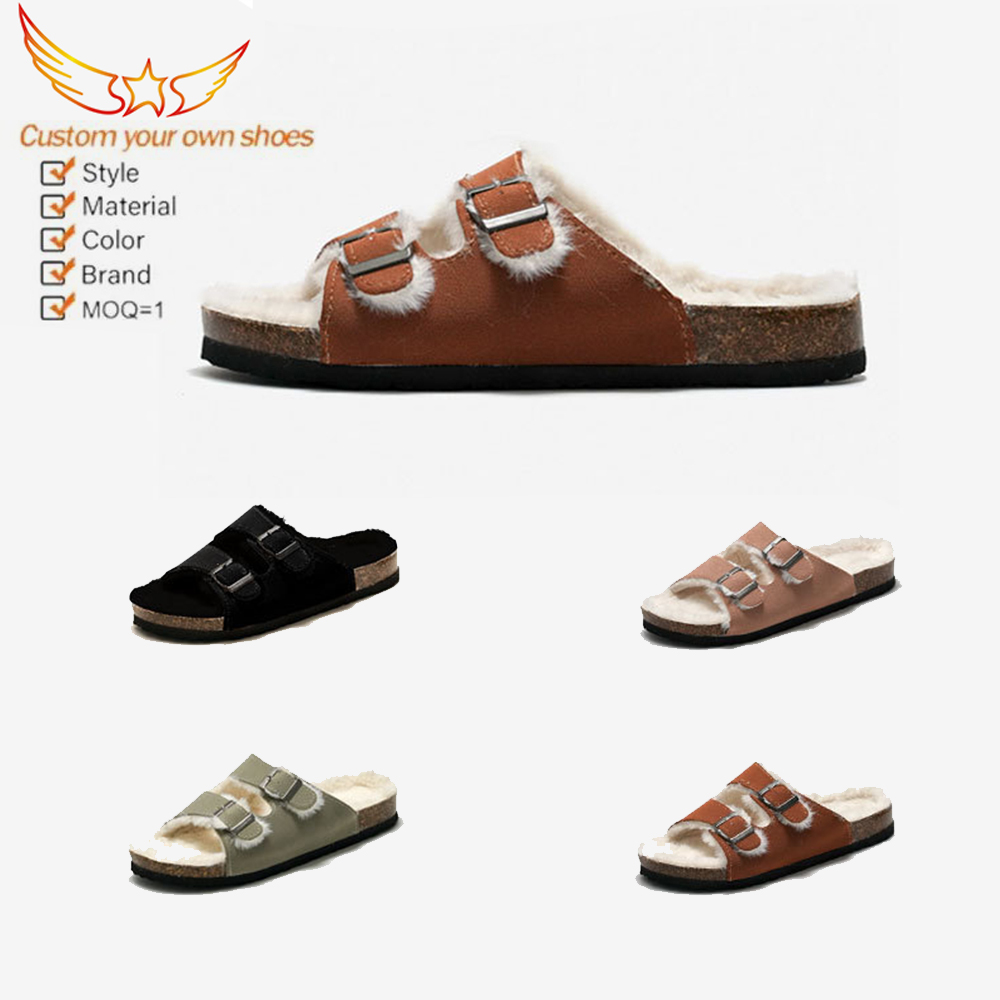 Pantoufles polaires en liège pour femmes et hommes, sandales chaudes d'extérieur en cuir suédé, à Double boucle, à bout ouvert, nouvelle collection automne hiver