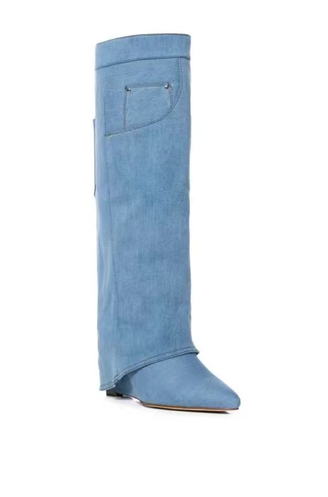 Talon compensé bout pointu Denim Cowboy genou haute bottes longues femmes genou Botas Altas chaussures bottes personnalisées bouton chaussons pour femmes fille