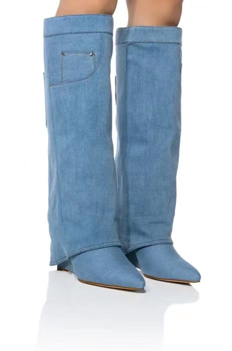 Talon compensé bout pointu Denim Cowboy genou haute bottes longues femmes genou Botas Altas chaussures bottes personnalisées bouton chaussons pour femmes fille